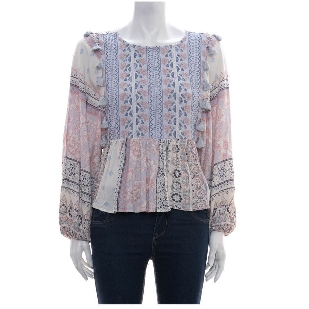 American Eagle Paisley Bohemian Boho Tassel Long Sleeve Blouse Top Size Small S